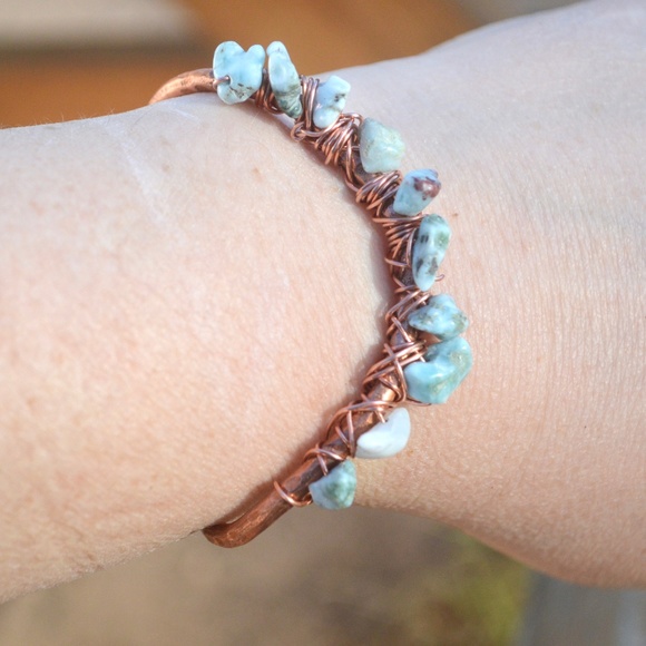 Genuine Larimar Cuff Bracelet Copper Handmade - Picture 2 of 8